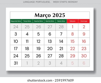 March PORTUGUESE monthly calendar for 2025 year. Vector page illustration for Portugal