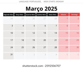 March PORTUGUESE monthly calendar for 2025 year. Vector illustration with stylish design for Portugal