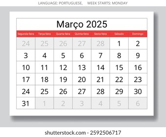 March PORTUGUESE monthly calendar for 2025 year. Vector paper page illustration for Portugal