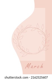 Postal de marzo. Tarjeta mínima para vacaciones de primavera, colores rosa y azul pastel, círculos botánicos de doodle, fondo floral dibujado a mano, afiche o pancarta elegante, ilustración vectorial aislada