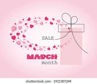 March sale. Gift. Oval frame. International Womens Day. Greeting card, frame with hearts and gift.