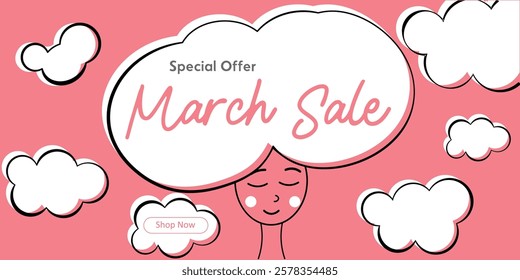 March Sale Promotion with Cloud-Themed Design on a Soft Pink Background