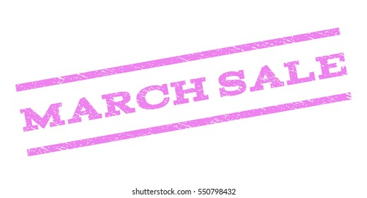 March Sale watermark stamp. Text caption between parallel lines with grunge design style. Rubber seal stamp with unclean texture. Vector violet color ink imprint on a white background.