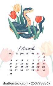 March serpent calendar with early garden flowers tulips Vector illustration template for 2025 Year of Snake Floral composition with symbol of the Chinese new year. Typography for print