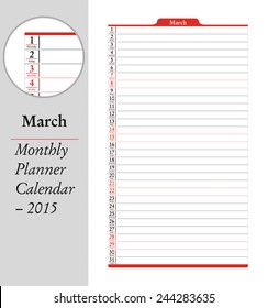 March sheet in an english 2015 Calendar with monthly planner