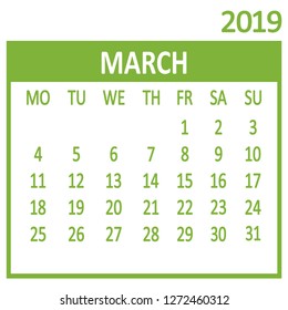 March. Third page of set. Calendar 2019, template. Week starts from Monday. Vector illustration