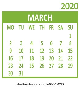 March. Third page of set. Calendar 2020, template. Week starts from Monday. Vector illustration
