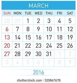 March Twentysixteen Calendar Month Illustration On Stock Vector ...