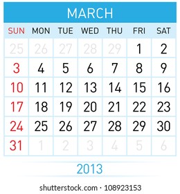 March Twenty-thirteen. Calendar Month. Illustration on white background