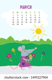 March. Vector calendar page with cute rat with flowers - Chinese symbol of 2020 year. Editable template A5, A4, A3 size, can be printed and used as a desk, table, wall calender for schedule and plans