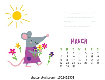 March. Vector Calendar Page With Cute Rat With Flowers - Chinese Symbol Of 2020 Year. Editable Template A5, A4, A3 Size, Can Be Printed And Used As A Desk, Table, Wall Calender For Schedule And Plans