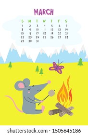 March. Vector calendar page with cute rat in camping - Chinese symbol of 2020 year. Editable template A5, A4, A3 size, can be printed and used as a desk, table, wall calender for schedule and plans 