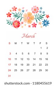 March. Vector calendar template for 2019 year with beautiful composition of embroidery flowers. Week start on sunday. 