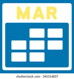 March vector icon. Style is bicolor flat symbol, yellow and white colors, rounded angles, blue background.