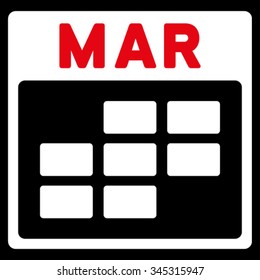 March vector icon. Style is bicolor flat symbol, red and white colors, rounded angles, black background.
