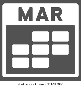 March vector icon. Style is flat symbol, white color, rounded angles, gray background.
