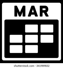 March vector icon. Style is flat symbol, white color, rounded angles, black background.
