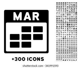 March vector pictogram with additional 300 date and time management icons. Style is flat symbols, black color, rounded angles, white background.