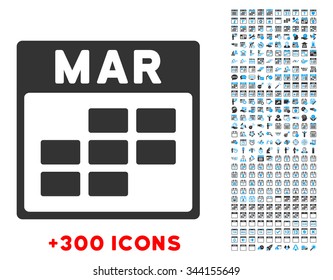 March vector pictogram with additional 300 date and time management icons. Style is bicolor flat symbols, blue and gray colors, rounded angles, white background.
