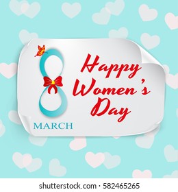  March Women's Day greeting card template with vector pink hearts and paper on background