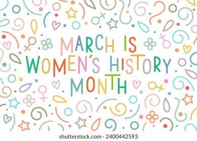 Marzo es el texto de la tarjeta del mes de la historia de la mujer en línea estilo arte en blanco.