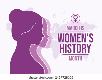 March is Women's History Month poster vector illustration. Woman face in profile purple silhouette vector illustration. Girls in profile drawing. Template for background, banner, card. Important day