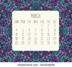 March year 2018 vector month calendar over lacy doodle hand drawn teal and purple background, week starting from Sunday.