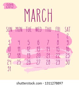 March year 2019 vector monthly calendar. Week starting from Sunday. Hand drawn freeform pink paint stroke artsy design over beige background.