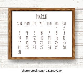 March year 2019 vector monthly calendar. Week starting from Sunday. Hand drawn text in a wooden frame over light brown rustic distressed wood background.