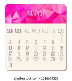 March year 2019 vector monthly calendar. Week starting from Sunday. Contemporary low poly design in pink color.