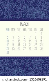 March year 2019 vector monthly calendar over blue lacy doodle ornate hand drawn background, week starting from Sunday.