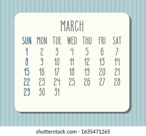 March year 2020 vector monthly light calendar. White frame over pastel blue striped background. Week starting from Sunday.