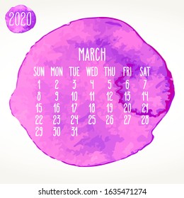 March year 2020 vector monthly artsy calendar. Hand drawn watercolor pink paint circles design over white background. Week starting from Sunday.