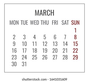 March year 2020 vector monthly plain minimalistic white calendar. Week starting from Monday.