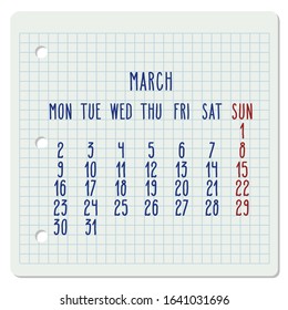 March year 2020 vector monthly calendar on a squared notebook page. Hand written chequered note pad sheet typography. Week starting from Monday.