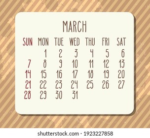 March year 2021 vector monthly calendar. Week starting from Sunday. Vintage brown stripes distressed design.