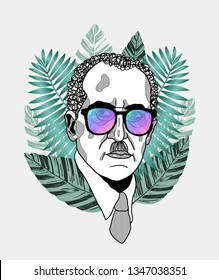 March.23, 2019: Piet Mondrian. Vector illustration hand drawn.  Hipster portrait with glasses and tropical leaves. Summer style.