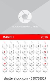 March.Calendar for 2016 Year. Vector Gears Design Print Template