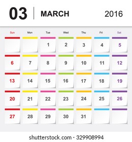 March.Calendar for 2016 Year. Vector Sticks note paper  Design Print Template