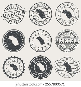 Marche, Italy Set of Stamps. Country Travel Marks. Made In Product. Design Seals Old Style Insignia.