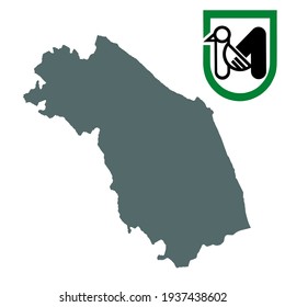 Mapa de Marche de la ilustración de la silueta vectorial aislada en fondo blanco. Territorio de la provincia de Italia. Escudo de armas Marche y rezago sobre el mapa.