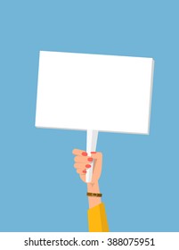 Marcher's hand holding placard. Struggle for rights concept. Vector flat cartoon illustration for web banners, infographic design. Empty protest sign. Picket sign. Propaganda poster. Gender inequality