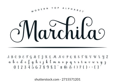 Marchila Schriftart und Alphabet Satz von Vektor-Kalligraphie Buchstabe a b c d Skript Schriftart einzelne Buchstaben