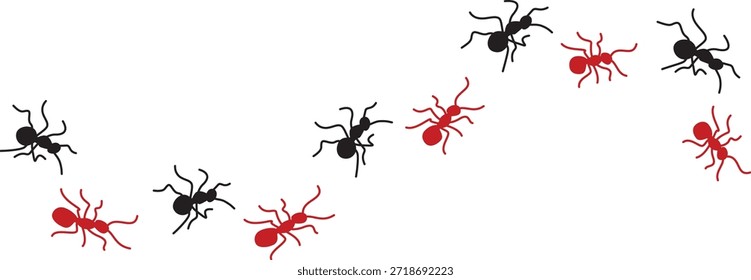 Hormigas marchando formando un sendero curvo sobre un fondo blanco. Las siluetas de insectos negras y rojas crean un patrón de movimiento lúdico. Perfecto para conceptos de diseño de biología de plagas o ilustraciones decorativas.