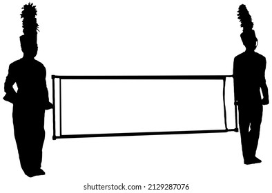 Marching Band With Banner Silhouette In Black On White Background 