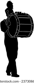 Marching band drummer in black silhouette with detail, isolated 