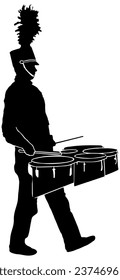 Marching Band drummer playing multi tenor marching drums, in black silhouette, isolated 