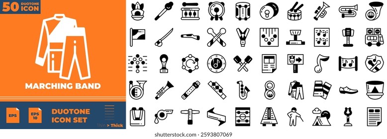 Marching Band Duotone Editable Icons set. Vector illustration in modern thin duotone style of marching band icons: band, parade, marching, etc