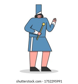 Marching band female drummer hold drum stick. Cartoon character from military orchestra isolated. Musical performer wearing army uniform. Special event performance member. Vector illustration