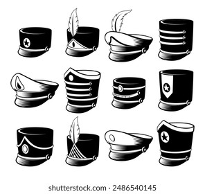 Marching band hat headdress uniform for musical orchestra costume silhouette icon set isometric vector illustration. Music performance fashion head retro classic outfit with feather and star